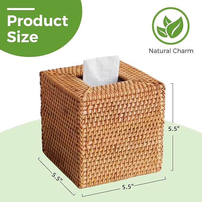 Natural Rattan Tissue Box Cover, Hand Woven Square Wicker Holder for Facial Tissues, Wicker Napkin Holder Ideal for Bathroom Living Room, Tissue Holders Decorative for Kitchen Office and Desk