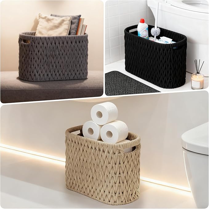 Boho Toilet Paper Storage Baskets, Cotton Rope Woven Bathroom Basket Set of 2, Standing Toilet Paper Holder for 6 Mega Rolls,Storage Bins for Toilet Tank Top, Bathroom Organizer Decor (Black 2 Pack)