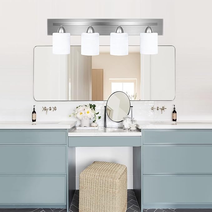 Bathroom Vanity Light Fixture, 4-Light Modern Bathroom Lights with Glass Shade, Brushed Nickel Bath Lighting Fixtures Over Mirror, Hollywood Style Interior Wall Sconce for Makeup Dressing Table