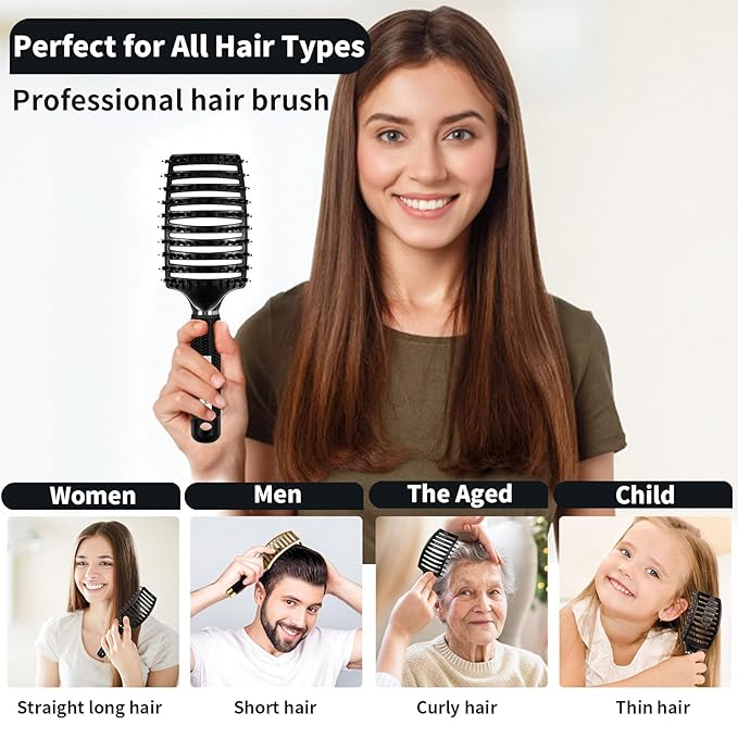 Boar Bristle Hair Brush Set of 2, HIPPIH Wet & Dry Hair Brushes Made by Fine Natural Boar Hair Can Adds Shine and Smoothing, Detangling Hairbrush for Women, Men & Kids' Long Curly Thick Hair