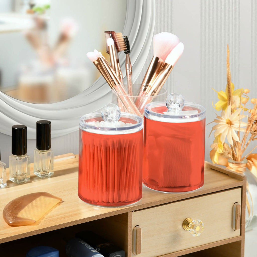 SHJI Tomato Red Qtip Holder Organizer Dispenser Cotton Swabs Cans Plastic Jars with Lid Set 2 Pack Bathroom Storage Canister for Cotton Ball Floss Cotton Pads