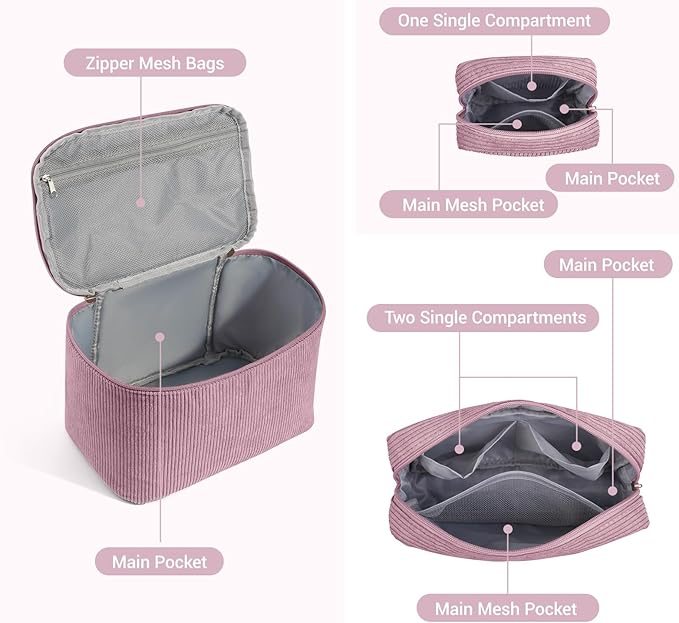 MAGEFY Makeup Bag, 3 Pcs Cosmetics Bag Large Capacity with Handle Make Up Bag for purse Corduroy Bag Pouch for Purse Travel Makeup Organizer Bag-Pink