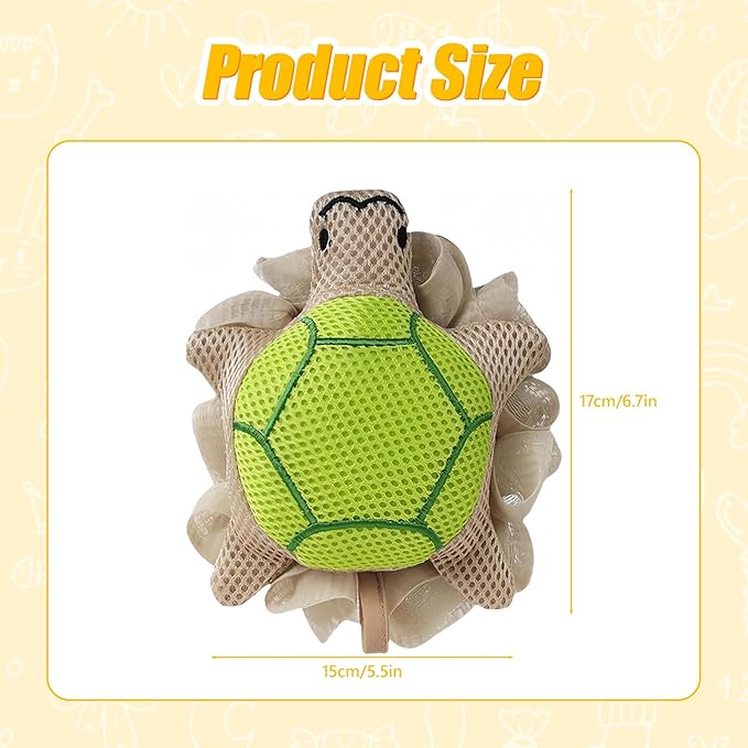 Kids Loofah, Cute Cartoon Animal Kids Bath Sponge with Hanging Rope, Soft Double Mesh for Rich Lather (Little Turtle)
