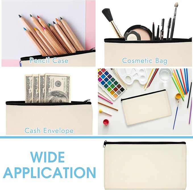 PEASUG Canvas Pencil Pouch, 12 Pack Blank Canvas Zipper Pouch Makeup Bag Bulk, Canva Pouch Cosmetic Bags with Zipper Sublimation Pencil Case Blanks for DIY Craft, Travel, Organized