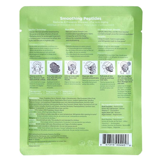 DERMOVIA LACE YOUR FACE Patented Compression Facial Mask, AS SEEN ON SHARK TANK, Reusable Biodegradable Cotton Anti Aging Skin Care, Smoothing Peptides, 4 pack