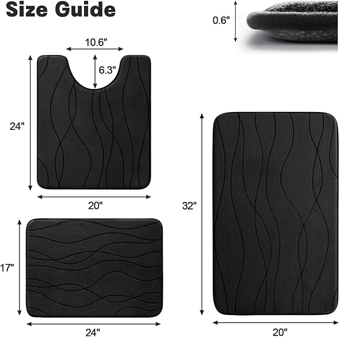 YIHOUSE Bathroom Rugs Set 3 Piece, Memory Foam Bath Mat Black