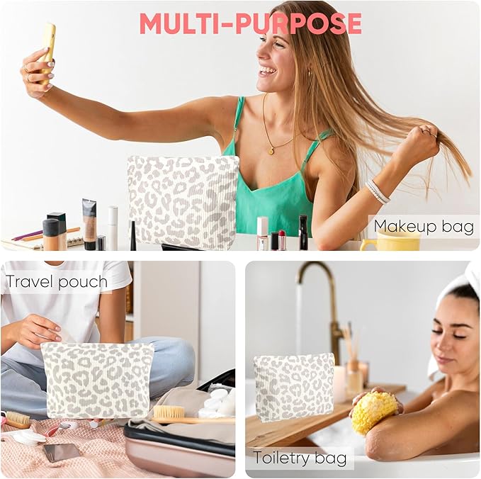 Ksriylm Makeup Pouch for Women Small Make Up Bag for Purse Zipper Initial Makeup Cosmetic Bags Pouches for Purse Aesthetic Travel Toiletry Bags, Grey Leopard Pattern