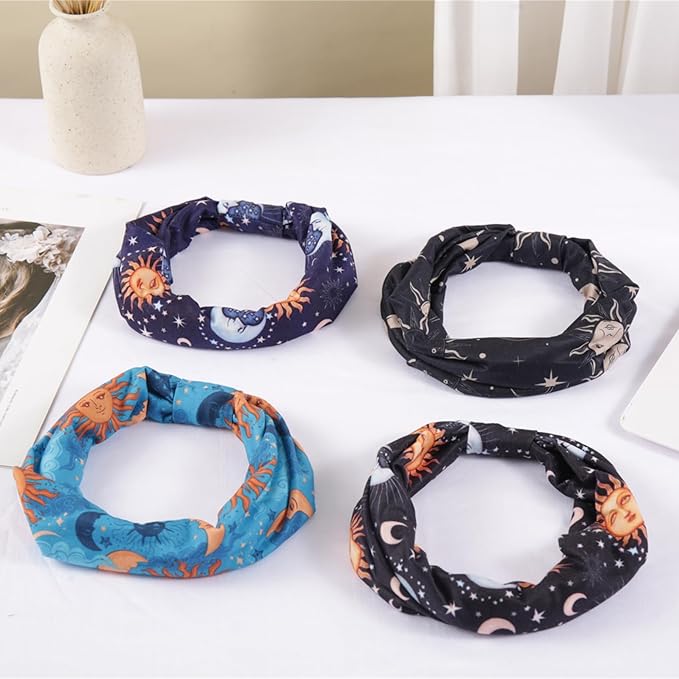 Women Headbands Stars Moon Wide Knotted Headband Non Slip Wraps Elastic Yoga Turban Fashion Hair Bands Soft Hair Wrap Hair Accessories for Girls Pack of 4 (Star Moon)