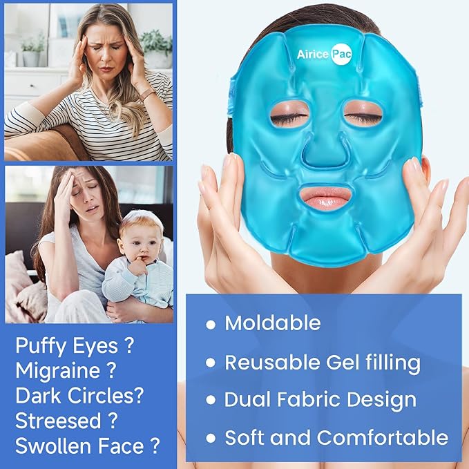 AiricePac Colding Ice Face Mask and Cooling Eye Mask for Puffy Eyes & Migraine Relief, Gel Eye Mask, Cool Face Masks for Dark Circles, Eye Surgery, Sleeping, Pressure, Headaches, Skin Care