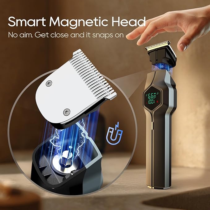 Beard Trimmer for Men, Magnetic Snap-on Replacement Heads & Charging Dock, IPX7 Waterproof Cordless Hair Clippers, Mens Grooming Kits for Mustache/Body/Face/Ear/Nose, Blue