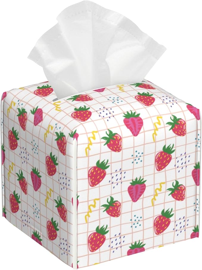 Cute Pink Strawberries Tissue Box Cover Square,Cartoon Strawberry Fruits Tissue Box Holder Waterproof Leather Facial Paper Organizer Dispenser for Bathroom Home Car Nightstand Vanity Desk