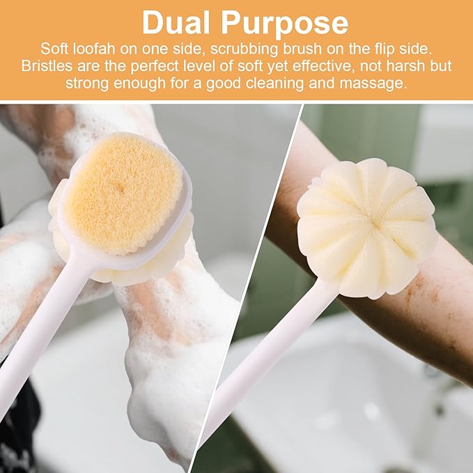 XDMURYM Long Handled Shower Brush for Cleaning Body,Double-Sided Bath Brush for Massage with Bristles and Loofah,Body Brush Exfoliator Mesh Sponge for Women and Men(Gray)