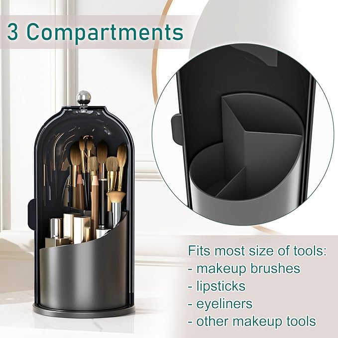 GAXmi Makeup Brush Holder with Lid Rotating Cosmetic Organizer, Dark Black