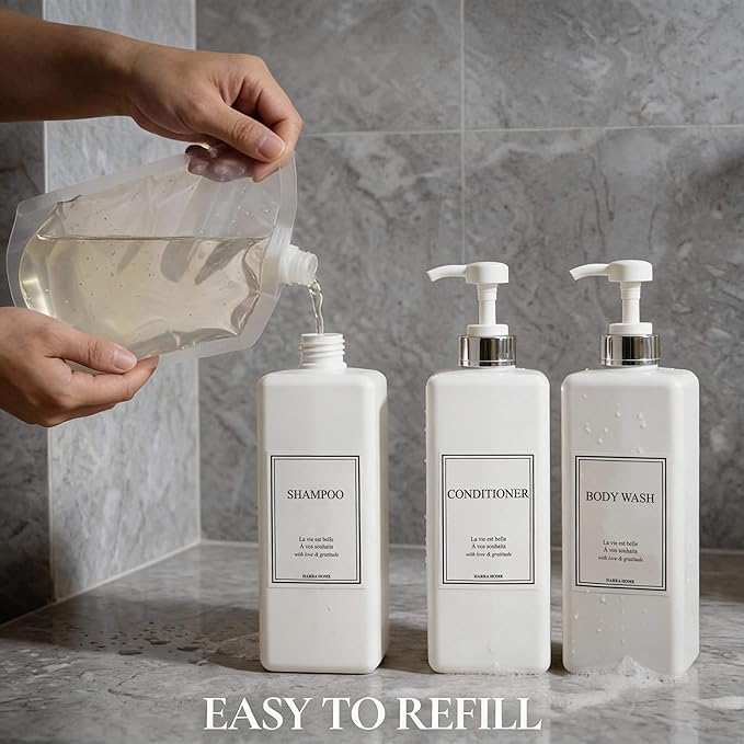HARRA HOME Modern Gold Design Pump Bottle Set 27 oz Refillable Shampoo and Conditioner Dispenser Empty Shower Plastic Bottles with Pump for Bathroom Lotion Body wash, Pack of 3 (White & Silver)