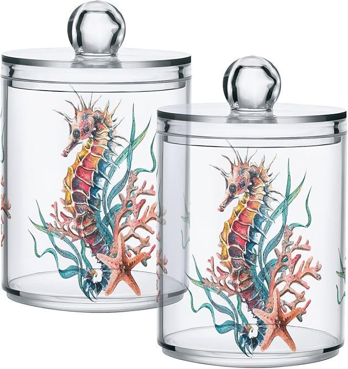 4 Pack Qtip Holder Dispenser Seahorse Starfish Watercolor Ocean Cotton Ball Cotton Swab Cotton Round Pads Floss Clear Bathroom Storage Containers Plastic Apothecary Jars with Lids