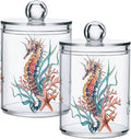 4 Pack Qtip Holder Dispenser Seahorse Starfish Watercolor Ocean Cotton Ball Cotton Swab Cotton Round Pads Floss Clear Bathroom Storage Containers Plastic Apothecary Jars with Lids