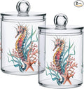 2 Pack Qtip Holder Dispenser for Cotton Ball Seahorse Starfish Watercolor Ocean Cotton Swab Cotton Round Pads Clear Plastic Acrylic Jar Set Bathroom Canister