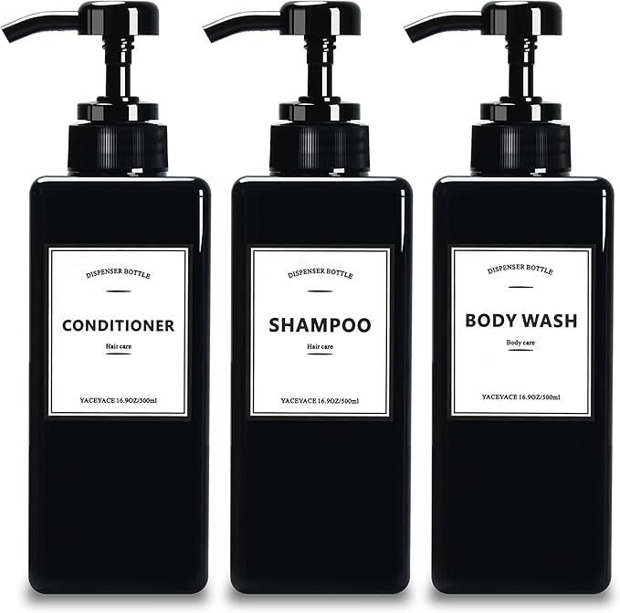 Soap Dispenser, YACEYACE 22oz Set of 3 Empty Hand Soap Dispenser for Kitchen,Black Shampoo and Conditioner Dispenser Set,Refillable Pump Soap Bottles