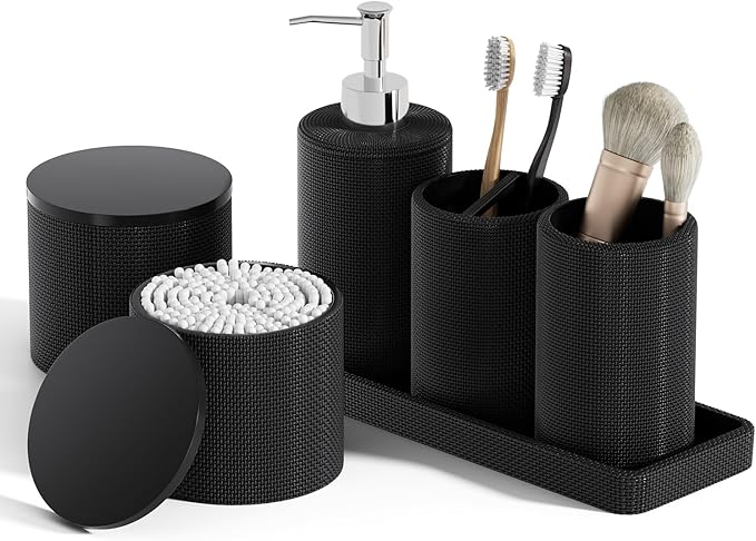 InnJoey 6-Piece Black Bathroom Set - Mesh Textured Resin Bathroom Accessories Set with Soap Dispenser, Toothbrush Holder, Cup, Vanity Tray & Apothecary Jars for Small Spaces