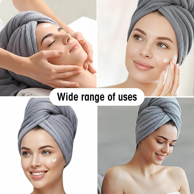 2 Pack Microfiber Hair Towels for Women - Super Absorbent & Fast Drying Hair Wrap Cap for Thick Long Curly Hair, Soft Bath Towel for Shower, Gym, Travel (Grey)