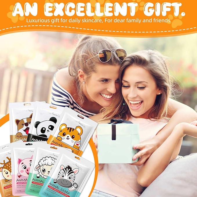 7 Packs Cute Animal Character Design Facial Masks, Deep Hyrating Spa Masks for All Skin Types, Gift for Kids' Birthady Party, Girl's Night, Enjoy Skincare Life