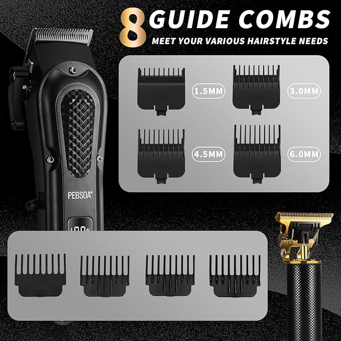 pebsoa® Men's Professional Hair Clippers Kit，Cordless & Corded Barber Clippers Set，Grooming Rechargeable Beard Trimmer with Adjustable Blade Black