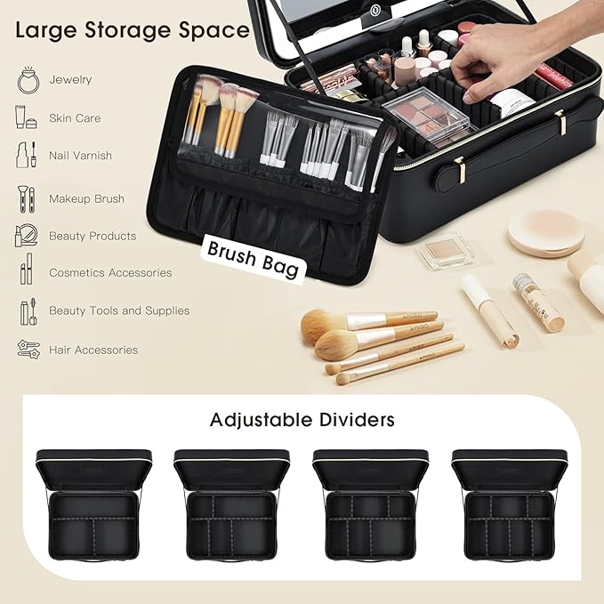 Faquenc 11.4 Inch Extra Large Makeup Bag with LED Lighted Mirror Leather Cosmetic Train Case Light up Mirror Portable Makeup Artist Storage Bag with Dividers Makeup Brush Holder Vanity Black