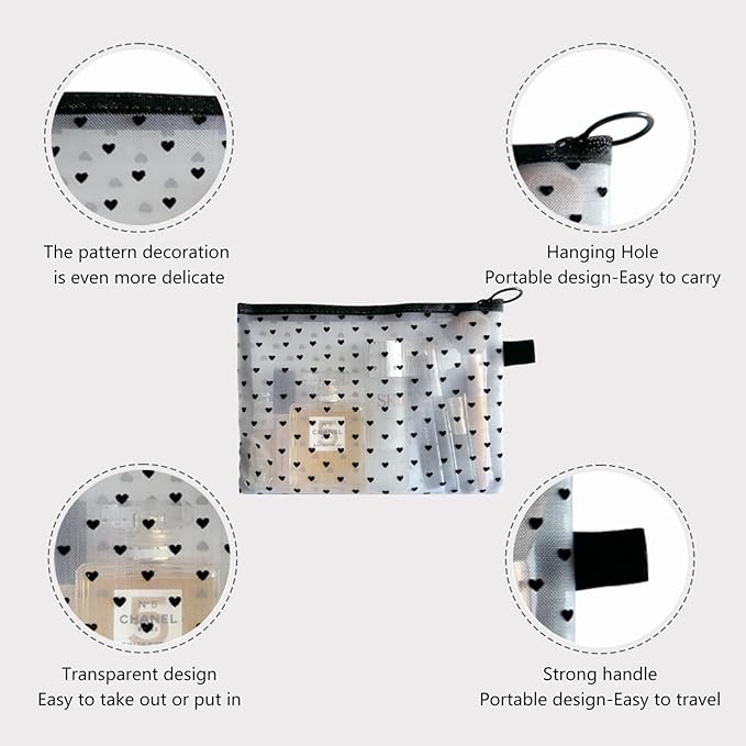TRAKWAN 4-Piece Heart Printed Mesh Makeup Bag Set, Portable Travel Mesh Cosmetic Bags Toiletry Bags Makeup Purse Bags Mesh Zipper Storage Pouches for Home Offices Travel Accessories (White)