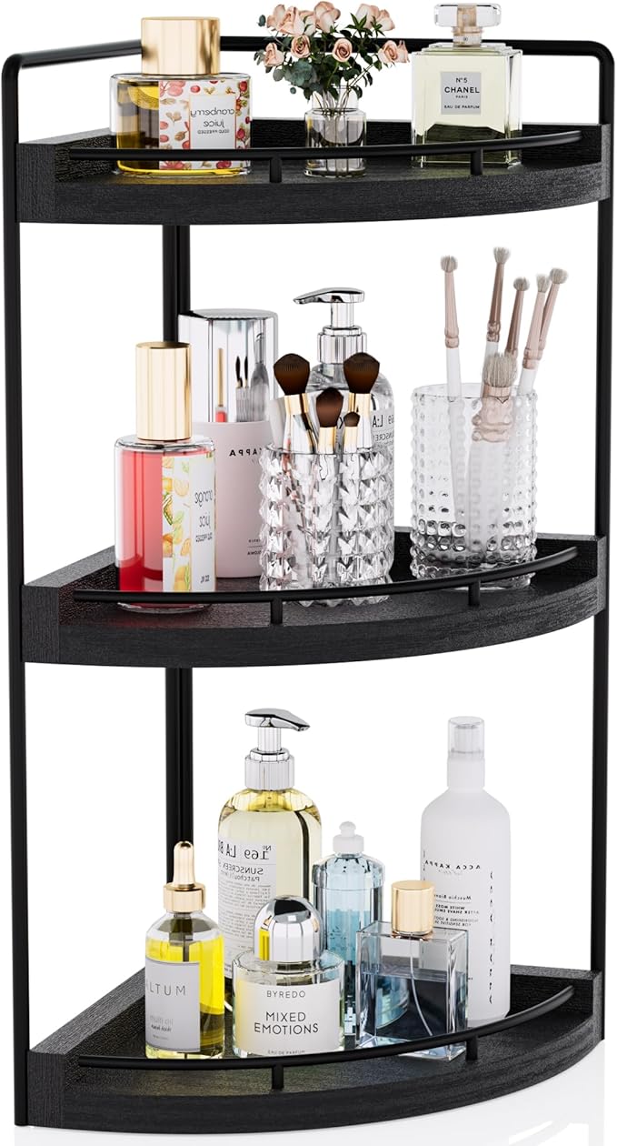 CeleVista Corner Bathroom Counter Organizer, 3 Tier Bathroom Sink Shelf Countertop, Wood Vanity Skincare Storage for Toiletries Decor, Makeup, Dresser(Black)