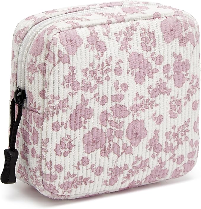 ZOEMTIU Small Makeup Bag for Purse,Mini Cosmetics Bag cute Zipper corduroy Cosmetic Pouch Storage Pouch Travel Toiletry Organizer for Women Girls(Plants Pink)
