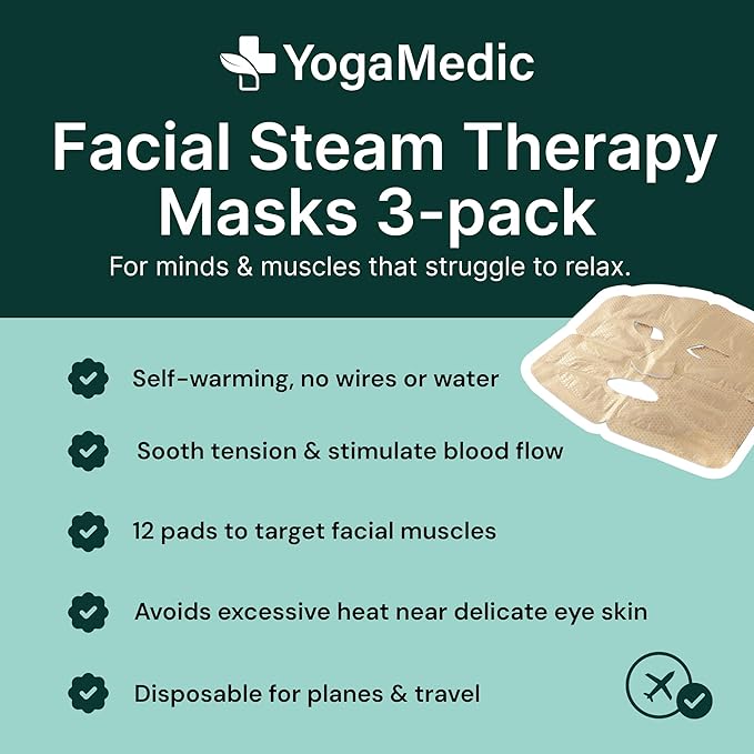 YOGAMEDIC Self Warming Steam Mask - Full-Face Facial Spa Disposable Face Heating Pad for Sinus Relaxation & Travel, Scent-Free Moist Heat Therapy, Sinus Pressure, Jaw Tension & Dry Skin, 3 Pack
