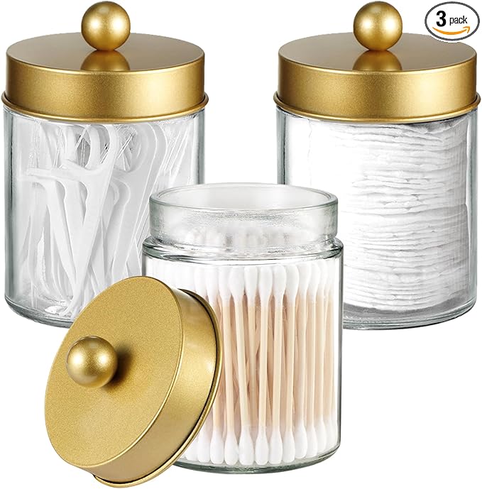 3PC Farmhouse Decor Qtip Holder Apothecary Jars Bathroom Vanity Storage Organizer -Countertop Canister Container &Cute Stickers for Cotton Swab,Ball,Pad,Floss,Paper Clips (Gold)