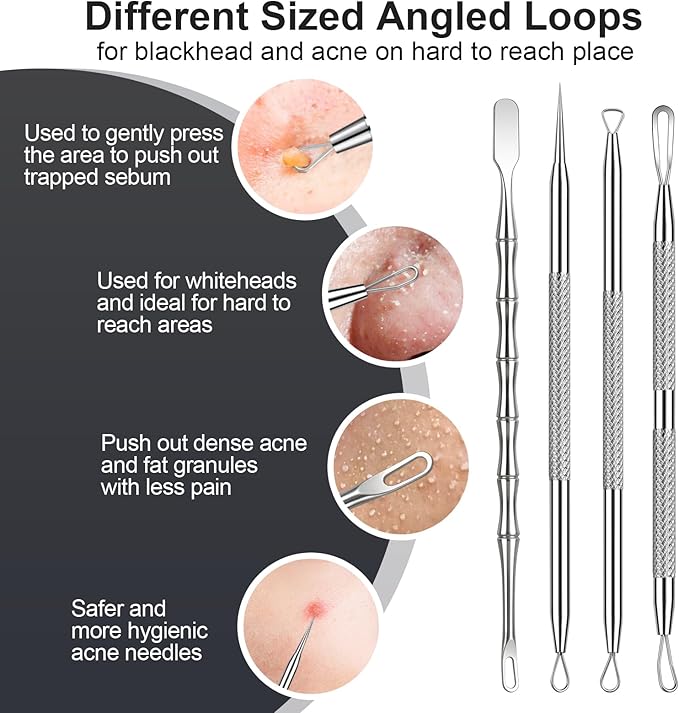 Meidaier 11Pcs Blackhead Remover Kit, Stainless Steel Acne Comedone Extractor with 10X Magnifying Glass & 20 75% Alcohol Pads, Pimple Whitehead Blemish Removal, Anti-Slip Handle & Storage Box