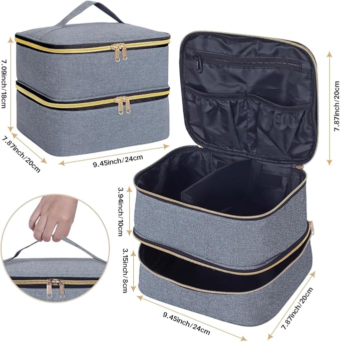TANPADUAJI Double Layer Makeup Bag Portable Large Cosmetic Case Organizer with Adjustable Dividers Storage Travel Bag for Accessories Brushes Conditioner and Skin Care Products (Gray Gold)