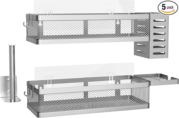 PUSDON 5-in-1 Wide Wall Mount Wrapped Mesh Kitchen Organizer & Shower Caddy Kit, with Paper Towel Holder, Utensil Holder, Soap Dish, Heavy Duty 50LBS - Silver Gray, Netting