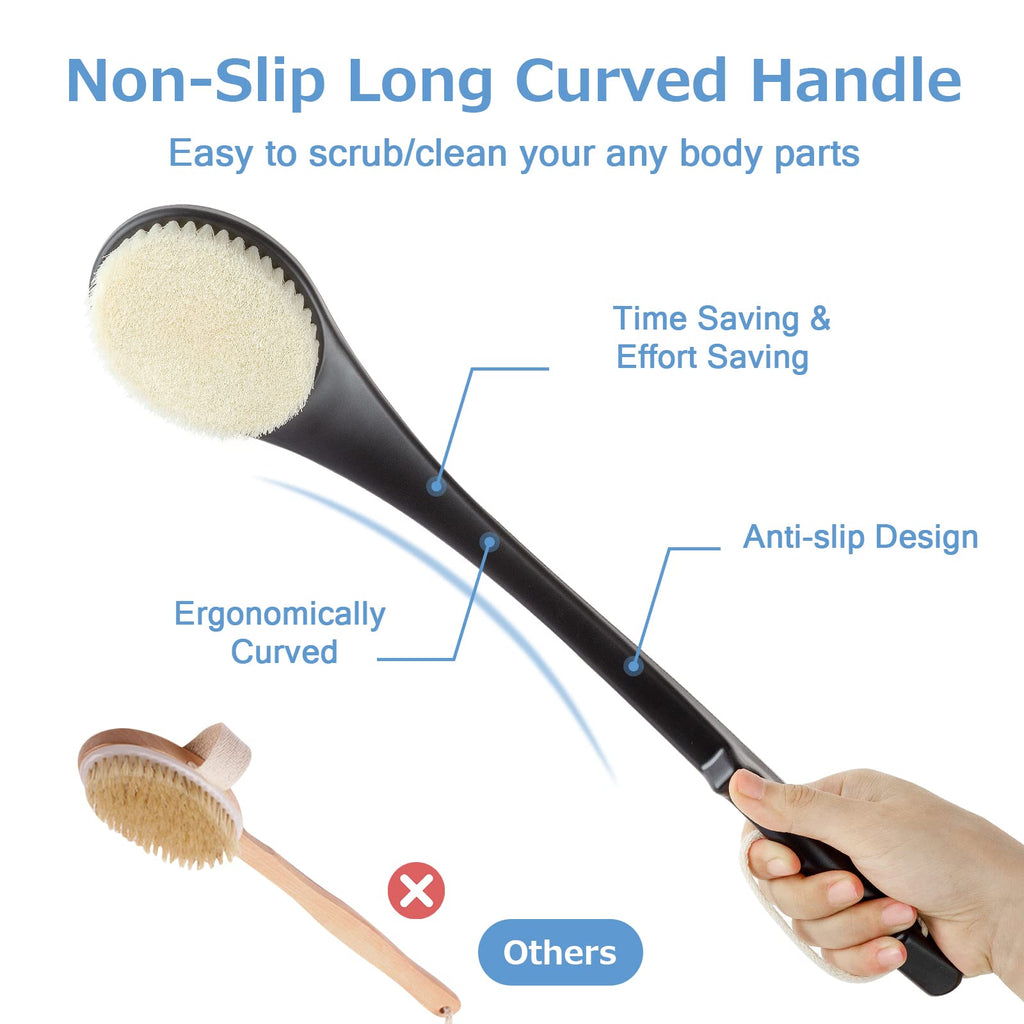 Body Back Scrubber – 17'' Long Handle Shower Brush, Durable Exfoliator for Dry & Wet Use, Deep Cleansing & Gentle Exfoliation for Smooth Skin – for Men, Women & Elderly (Black)