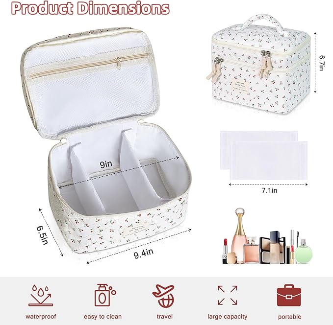 Gosect Makeup bag, Large Cosmetic Bag for Women Girls, Cute Quilted Makeup Bags, Floral Coquette Aesthetic Toiletry Bag, Travel Make Up Organizer Bag (Cherry)