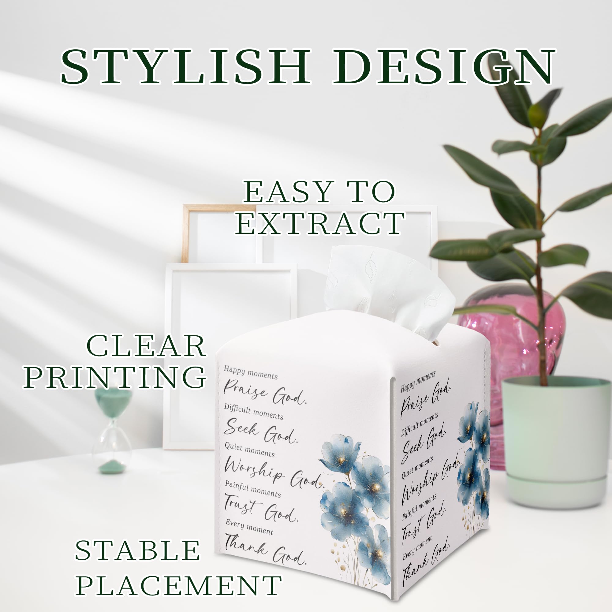 Blue Floral Tissue Box Cover, PU Leather Drawstring Bottom - Thank God, Inspirational Quotes, A Thoughtful Gift for Friends, Colleagues & Christian Loved Ones | Decorative Organizer
