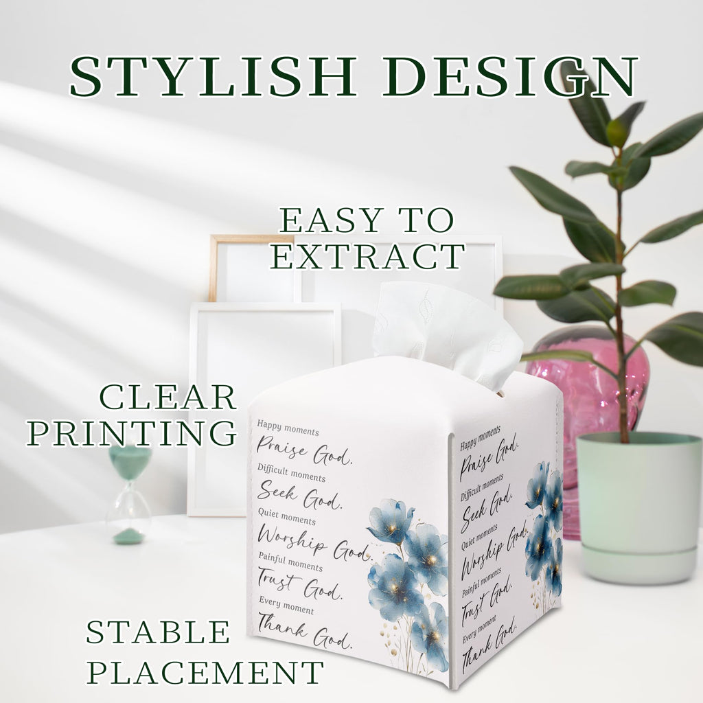 Blue Floral Tissue Box Cover, PU Leather Drawstring Bottom - Thank God, Inspirational Quotes, A Thoughtful Gift for Friends, Colleagues & Christian Loved Ones | Decorative Organizer