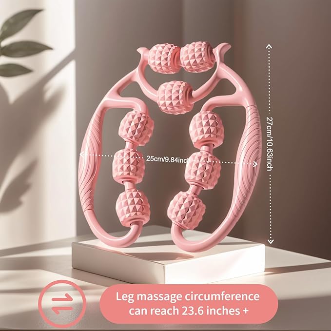 CyanBreeze Full Body Massage Tool with 9 Rollers, Pink Manual Massager for Neck, Shoulder, Back, Arms, Legs, 25cm Length, Double Massage Area Design