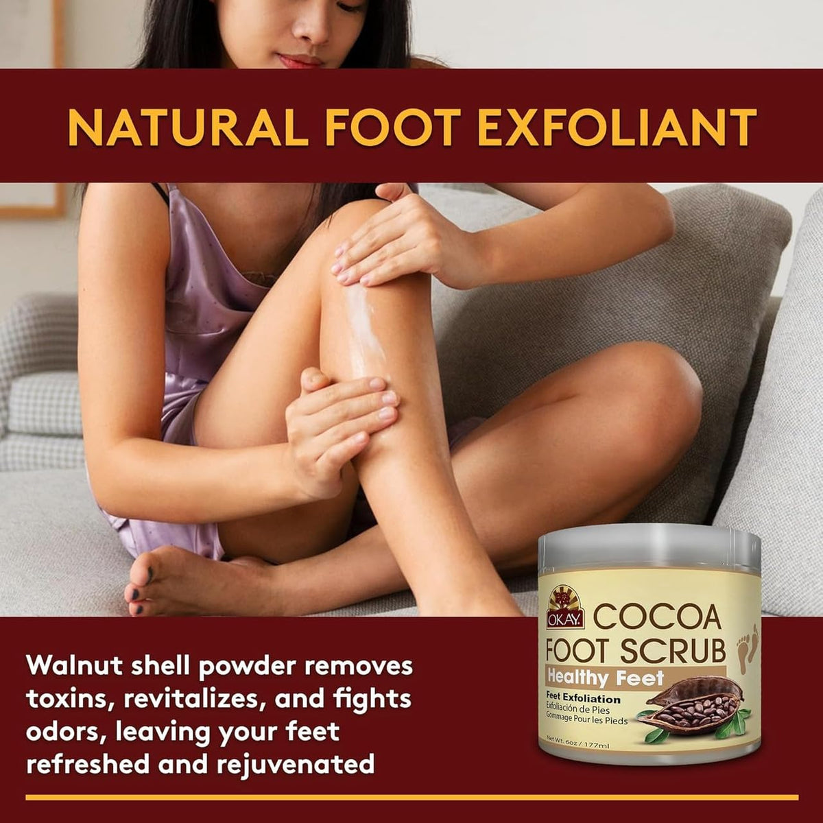 OKAY Cocoa Butter Foot Scrub 6 oz - Exfoliating Foot Care Scrub for Rough-Feeling Feet, Helps Remove Surface Buildup and Support Softer, Smoother-Feeling Skin, At-Home Pedicure and Self-Care Routine