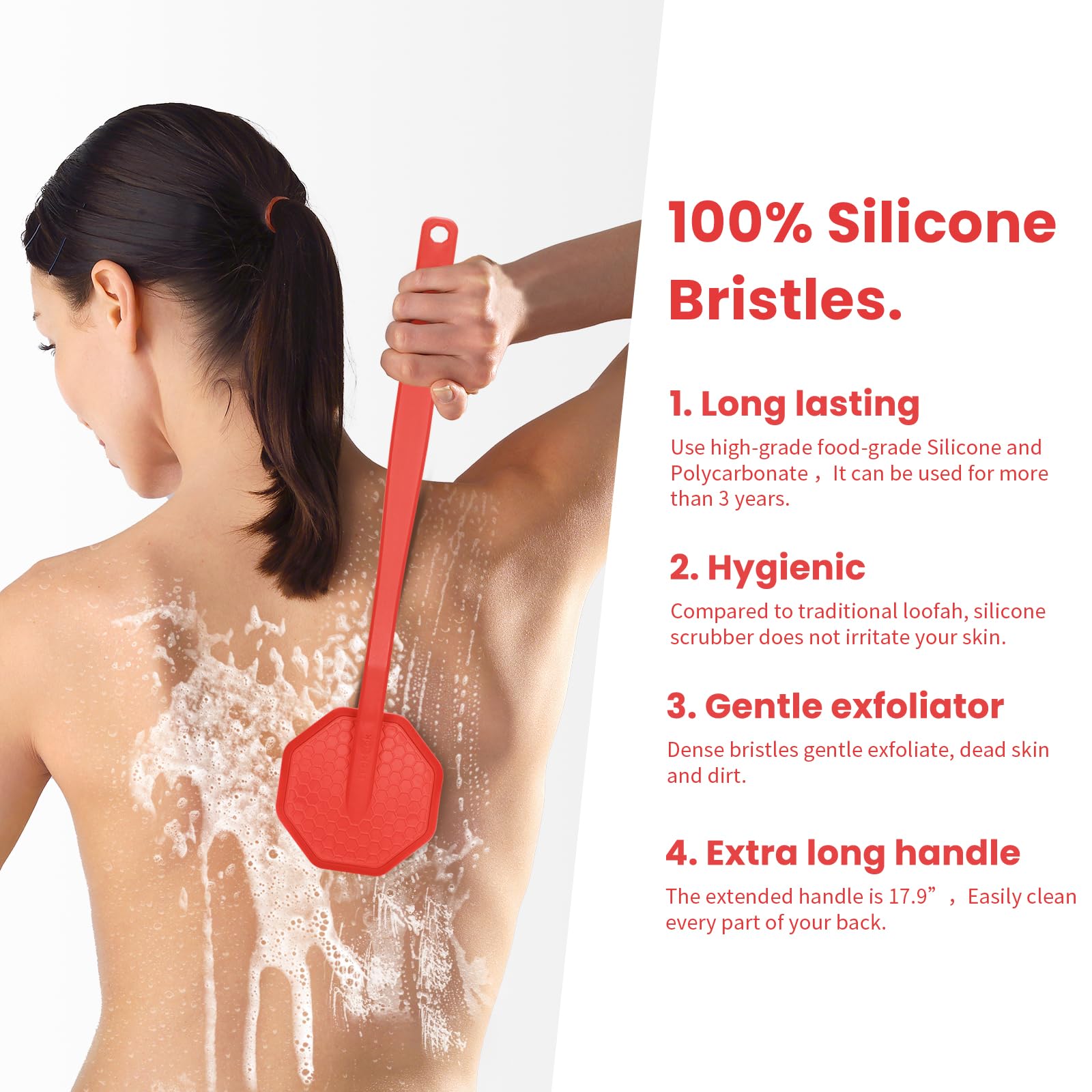 iTOKGOK Silver-Infused Silicone Back Scrubber with Long Handle Back Brush for Shower,Back Scrubber Body Exfoliator Scrubber for All Skin Type and Sensitive Skin - for Men and Women - Red