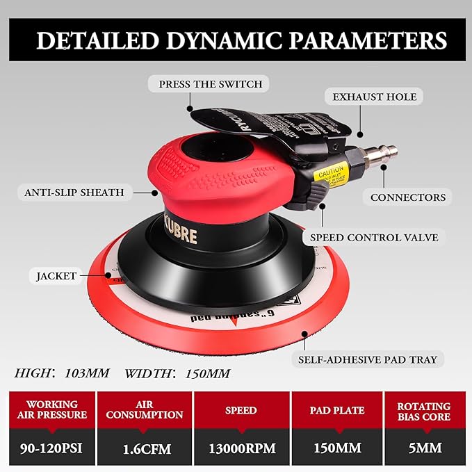 Rycubre pneumatic Air Sander 5/6 Inch DA Palm Sander for auto body, High Speed Random Orbital Sander for Woodworking & Auto Polishing (6 Inch)