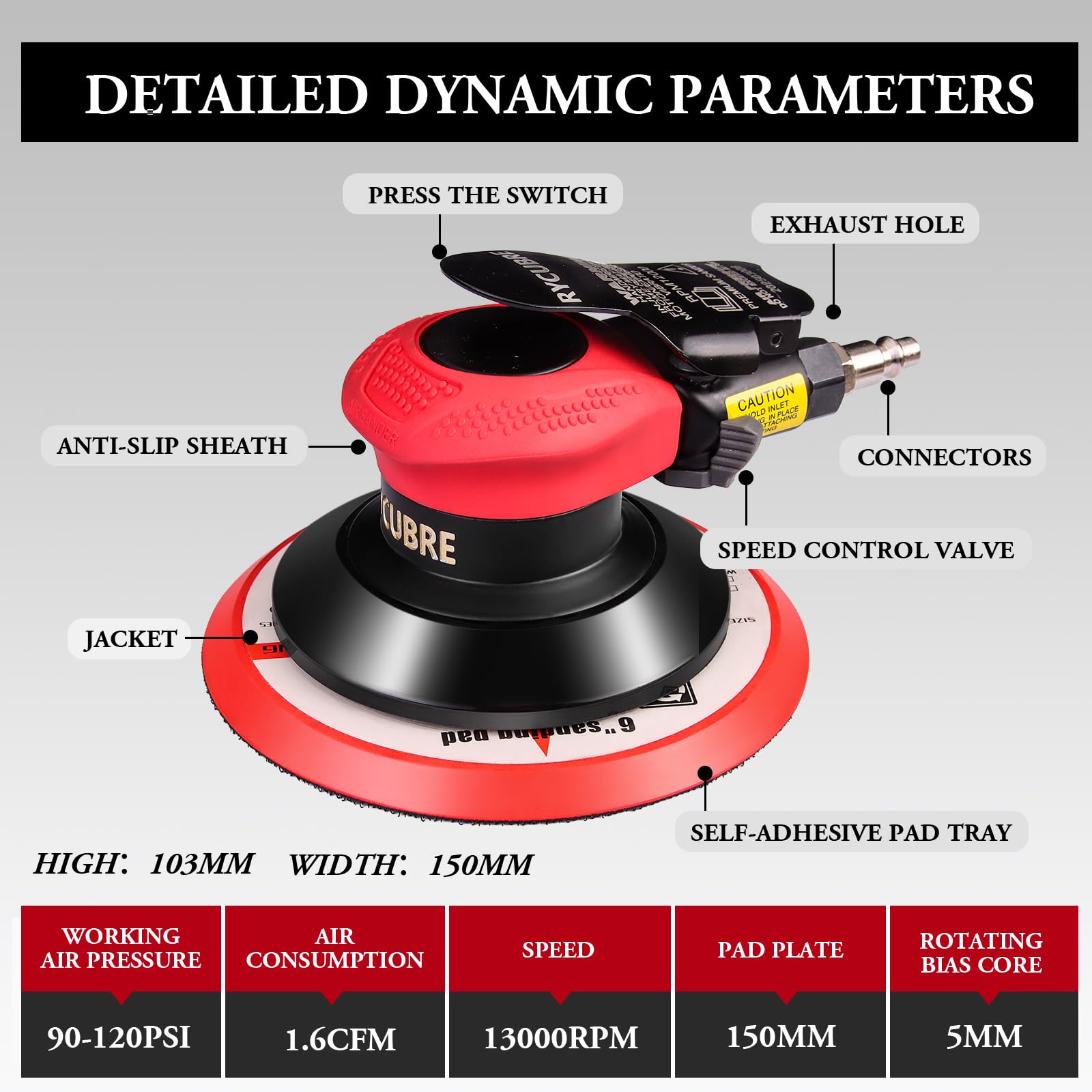 Rycubre pneumatic Air Sander 5/6 Inch DA Palm Sander for auto body, High Speed Random Orbital Sander for Woodworking & Auto Polishing (6 Inch)