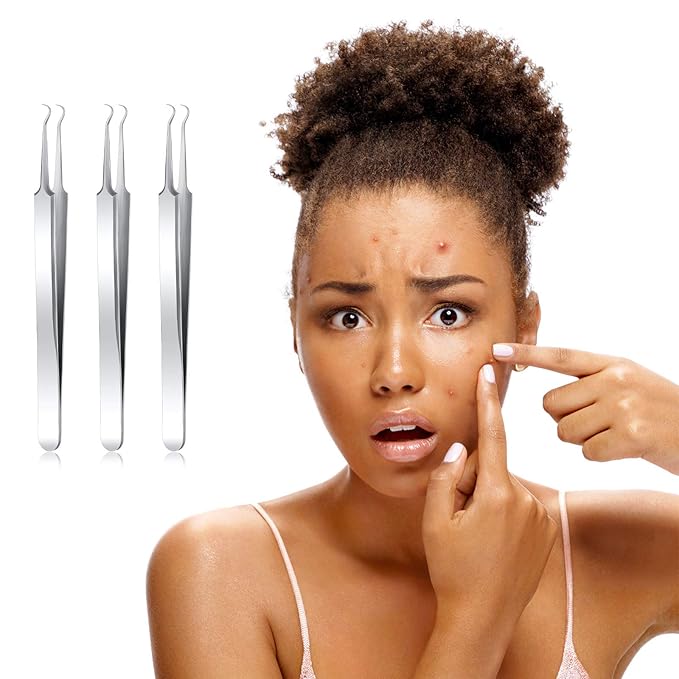 Honoson 3 Pcs Blackhead Tweezer Stainless Steel Pimple Tweezers Tool for Remove Zit Whitehead Pimple Bend Curved Extractor Tweezer Skin Blackhead Remover Tools(Silver)