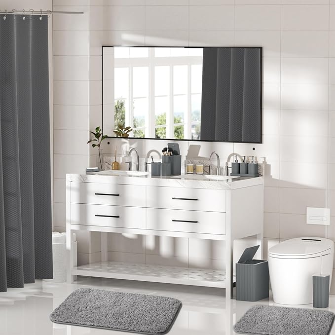 InnJoey Bathroom Accessory Set - Bathroom Set, 27PC Bathroom Accessories Set, Grey Bathroom Sets with Shower Curtain and Rugs, Mini Trash Can, Toilet Brush, Trash Can & Soap Dispenser