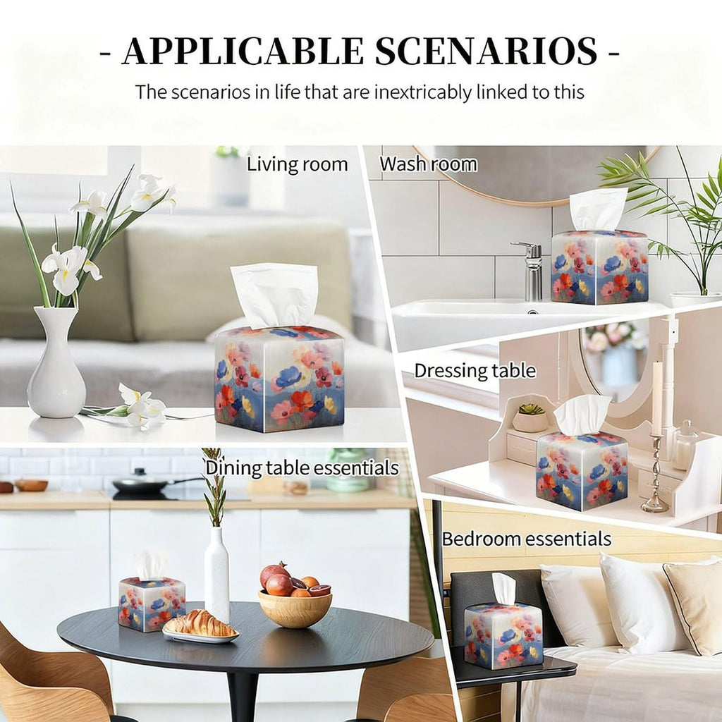 Floral Tissue Box Cover Leather Tissue Box Holder Square Facial Paper Organizer Dispenser for Bathroom Kitchen Bedroom Vanity Countertop Night Stands