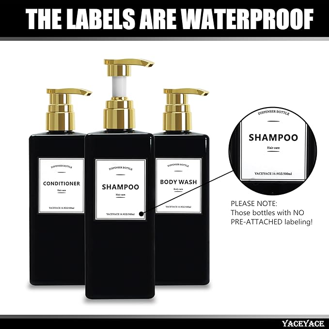 Black Shampoo Bottles with Gold Pump YACEYACE 16.9oz Set of 3 Shampoo and Conditioner Dispenser Empty Black Shower Bottles, Elegant Boutique Shampoo Dispenser for Bathroom, Lotion, Salon