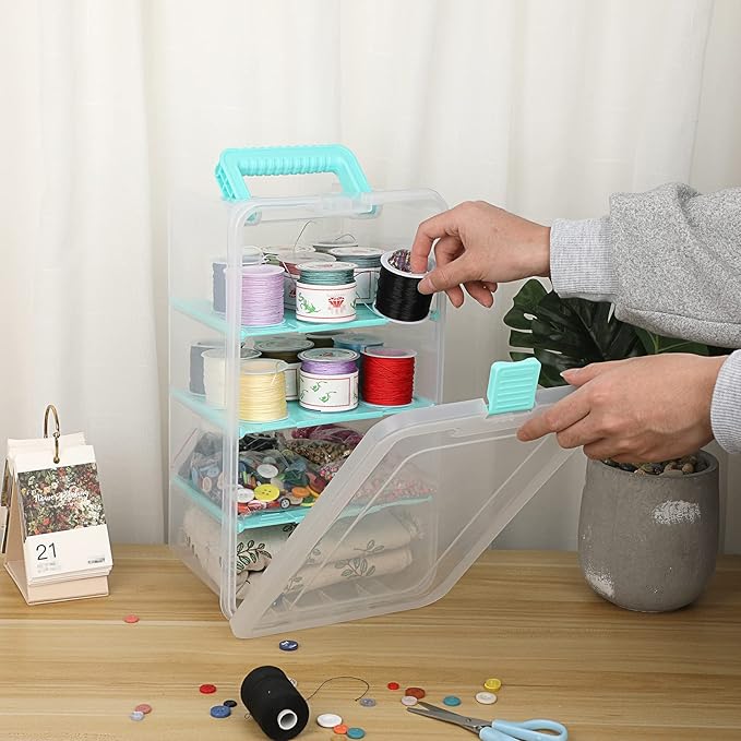 BTSKY Clear Plastic Dividing Storage Box with 4 Deep Compartments Adjustable Storage Bin with Lid Portable Craft Storage Container Multipurpose Sewing Box Art Supply Organizer, 13.9x7.9x6.2 Inches