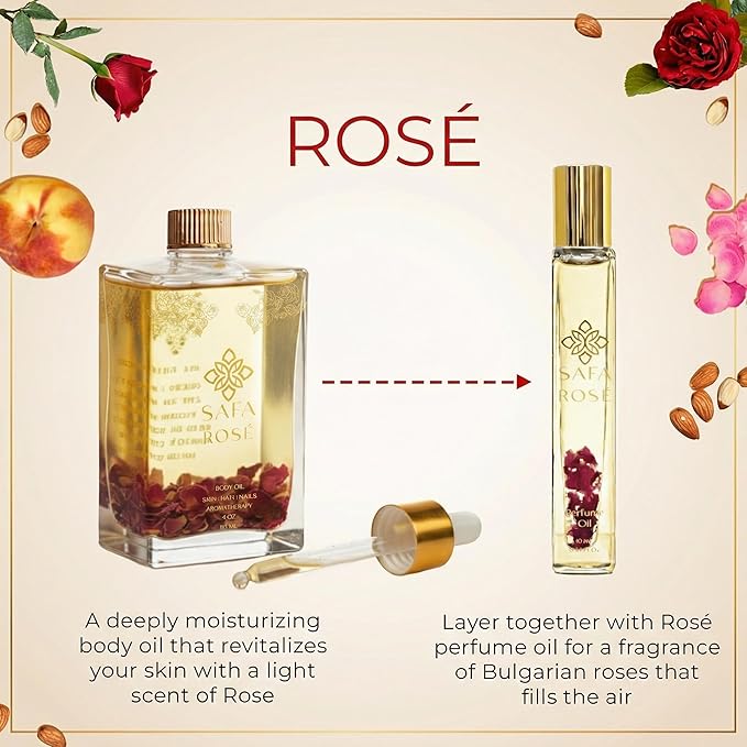 SAFA Rosé Organic Rose Oil Perfume Roller | Bulgarian Damask & Indian Rose Petals | 10 mL Long Lasting Perfume Oil for Women & Men | Alcohol Free & Non Toxic